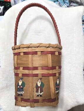 Hand Woven 80's Painted Christmas Santa Basket Handmade By Tina Frye # 1/200
